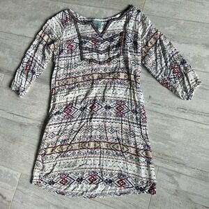 Skis are blue lined shift dress 3/4 sleeve mini boho hippie western cowgirl XS